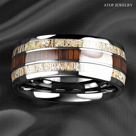 8mm Silver Tungsten Ring With Deer Antler Koa Wood Men Wedding Band Atop Jewelry Ebay