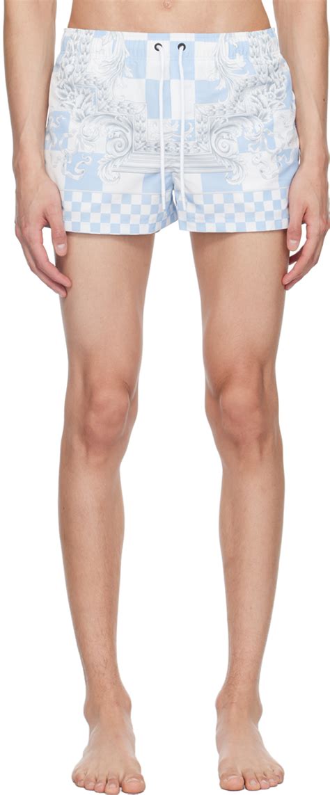 Blue And White Medusa Contrasto Swim Shorts By Versace Underwear On Sale