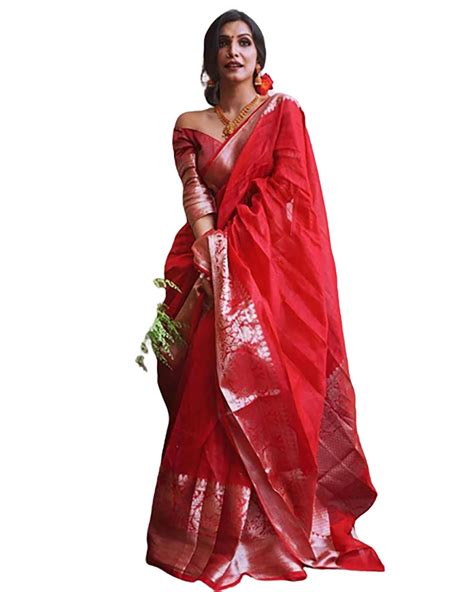 Buy Anjaneya Sarees Women S Plain Silk Saree Es R Red At Amazon In