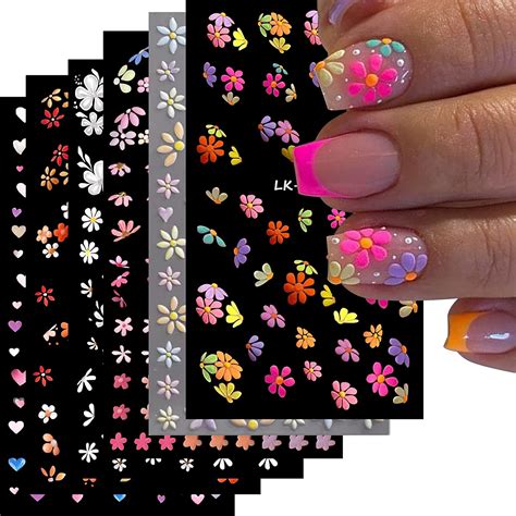 Yosomk 6 Sheets Flower Nail Art Stickers Decals 5d Embossed