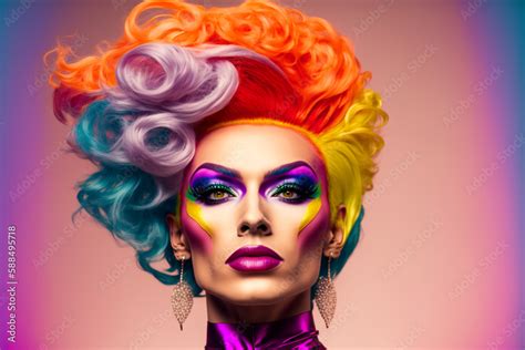 Drag Queen Gorgeous Drag Queen With A Vibrant Makeup And Colorful Hair