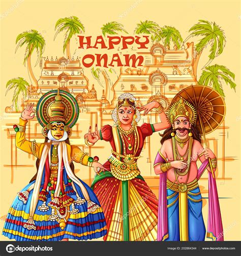 Happy Onam Festival Background Of Kerala In Indian Art Style Stock