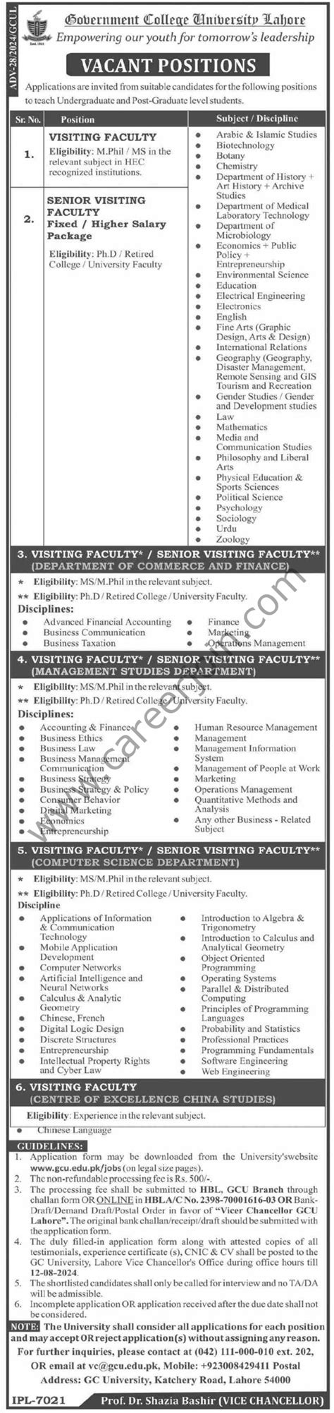 Government College University Lahore Jobs July 2024