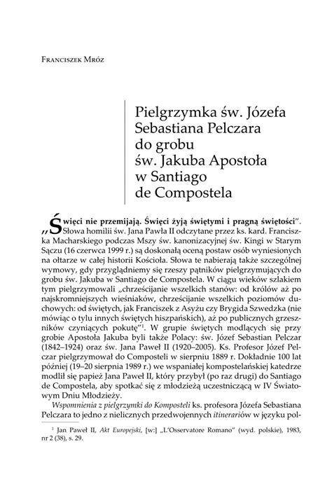 Pdf Pielgrzymka W J Zefa Sebastiana Pelczara Do Grobu W Jakuba