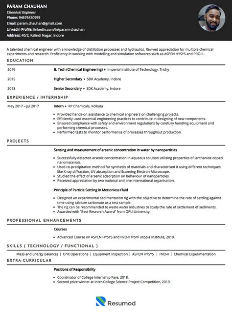 Sample Resume Of Chemical Engineer With Template Writing Guide