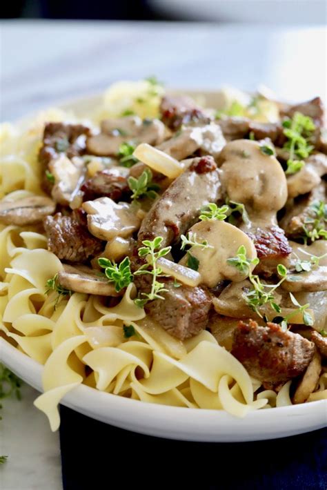 Close up of noodles and Tri-Tip Steak Stroganoff ready to serve - Coco and Ash