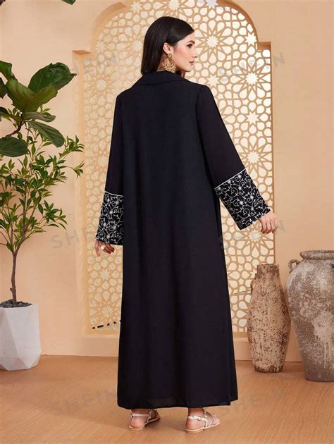 SHEIN Najma Women S Embroidered Sleeve Hem Turn Down Collar Abaya Dress