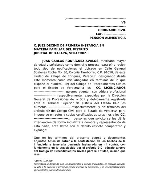 Contestacion Demanda De Alimentos VS ORDINARIO CIVIL EXP