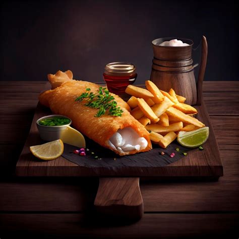 Premium Photo | A fish and chips meal with a cup of sauce and a bottle ...