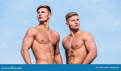 Men Muscular Chest Naked Torso Stand Sky Background Strong Muscles