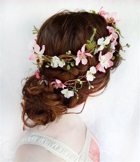 Rustic Wedding Hair Wreath Woodland Headpiece Pink Bridal Hair Flower Folklore Fern Pink