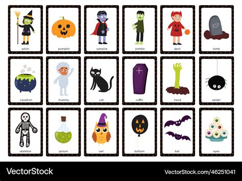 Halloween Flashcards Set With Cute Characters Big Vector Image