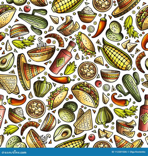 Cartoon Cute Hand Drawn Mexican Food Seamless Pattern Stock Vector