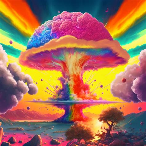 Premium Photo A Brightly Colored Mushroom Cloud Over A Lake With A