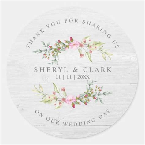 Wedding Thank You Guests Pink Floral Wreath Wood Classic Round Sticker