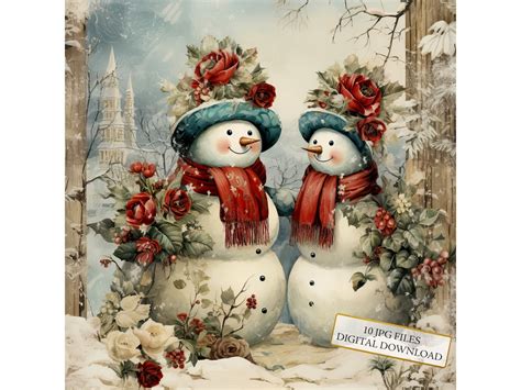 Vintage Snowmen in Winter Scenery Clipart Bundle 10 High Quality Watercolor Jpgs Christmas ...