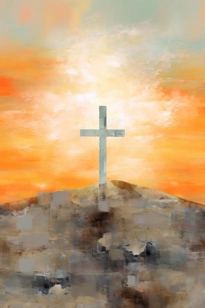 Premium Photo | Painting of a cross on a hill with a sunset in the ...