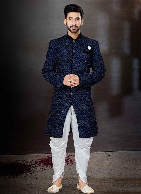 Buy Blue Art Silk Embroidery Indowestern Sherwani Party Wear Online At