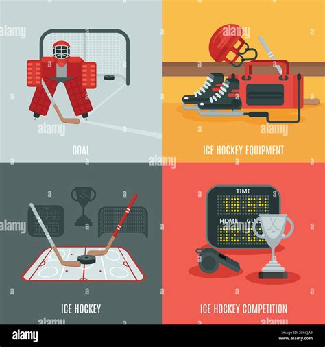 Playing Ice Hockey Icons Set With Equipment Competition And Goal Flat