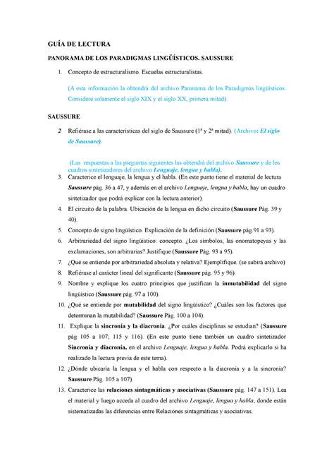 Saussure Gu A De Lectura Gu A De Lectura Panorama De Los Paradigmas