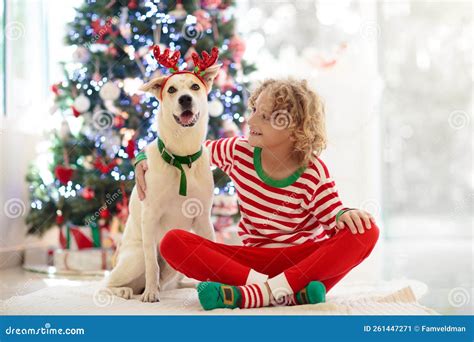 Navidad En Casa Niños Y Perros Bajo árbol De Navidad Imagen de archivo