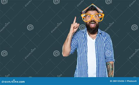 Amazed Inspired With Idea Funny Bearded Man In Party Glasses With Book