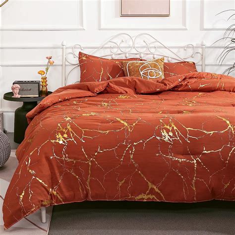 Smoofy Burnt Orange Comforter Full Bed Set Marble Print Glitter Gold Bedding Set