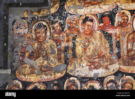 Cave 2: Shrine-Painted Buddha images in Padmasana with attendants. Ajanta Caves, Aurangabad ...