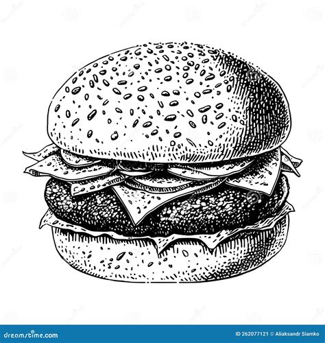 Big Burger Hamburger Hand Drawn Vector Illustration Sketch Stock