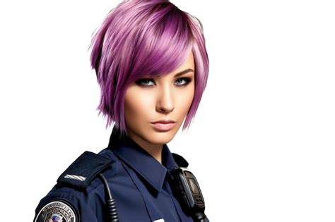 Premium Photo | A female police officer with purple hair and a blue eye.