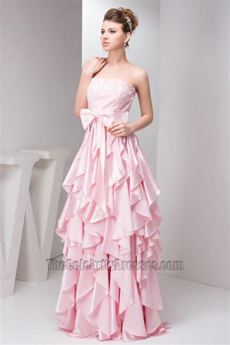 Pink Ruffles Strapless A Line Prom Dress Evening Gown Thecelebritydresses