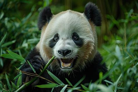 A panda eating bamboo its mouth wide open and showing teeth as it