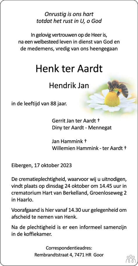 Henk Hendrik Jan Ter Aardt 17 10 2023 Overlijdensbericht En