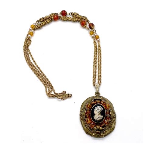 Victorian Revival Pendant Necklace With Faux Roman Grecian Cameo Motif