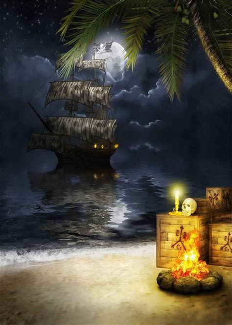 FUERMOR Background 5x7ft Pirate Ship Under Night Moon Photography ...