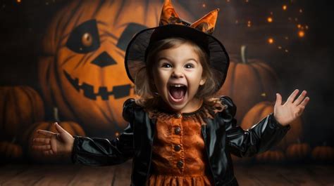 Premium AI Image | Excited child little girl in Halloween costume ...