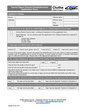 Fillable Online Bapplicationb Form For Btouristb Signs Clutha