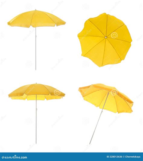 Set With Yellow Beach Umbrellas On White Background Stock Photo Image