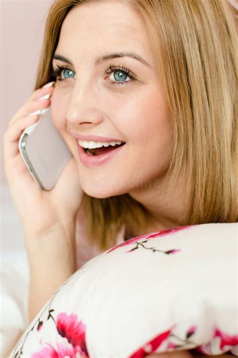 Beautiful Young Lady Talking Mobile Phone Lying Bed Happy Smile Closeup