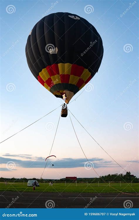 Colorful Air Balloon Tied To Ropes To The Ground Stock Image Image Of