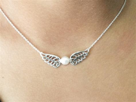 925 Sterling Silver Necklace Angel Wing Pendant With White Pearl