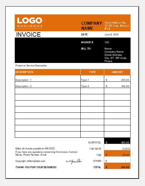 House Cleaning Service Billinvoice Templates For Excel Excel Templates