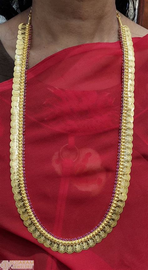 K Gold Mango Lakshmi Kasu Mala Long Kasulaperu With Red Stones