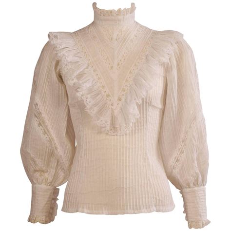 High Collar Victorian Style Cotton And Lace Blouse 1970s At 1stdibs