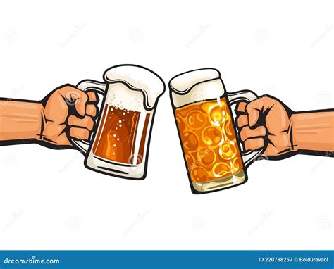 Two Toasting Beer Mugs With Splash Drinks Sketch Vector Illustration Hand Drawn Label Design