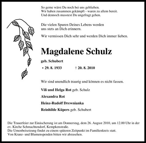 Traueranzeigen Von Magdalene Schulz Trauer In Nrw De