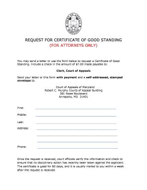 Fillable Online Courts State Md Request For Bcertificateb Of Good