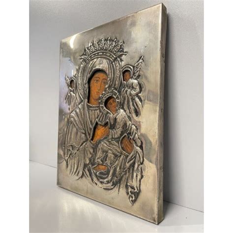 ICONA RELIGIOSA MADONNA Con GESU ANGELI LAMINA ARGENTO 800 LEGNO ARTE