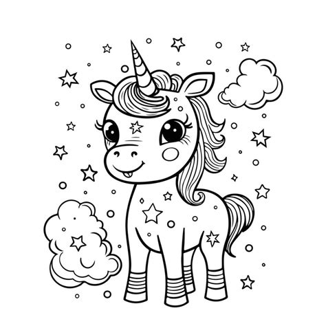 Cute unicorn. Black and white linear drawing vector. Simple children's ...