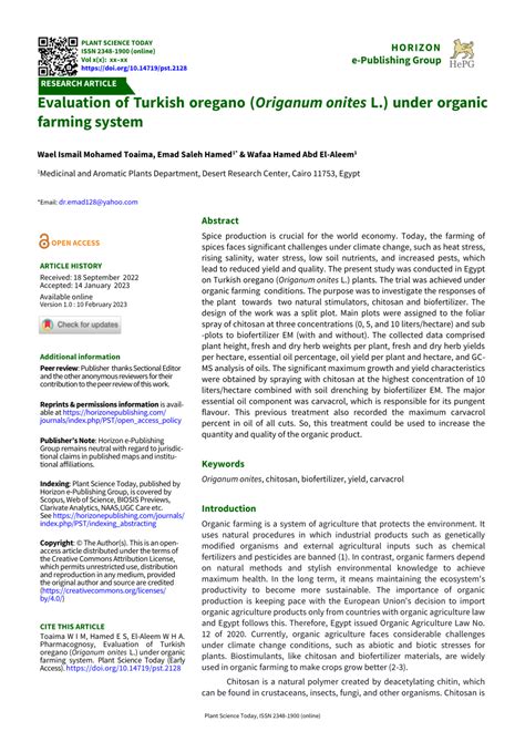 PDF Evaluation Of Turkish Oregano Origanum Onites L Under Organic